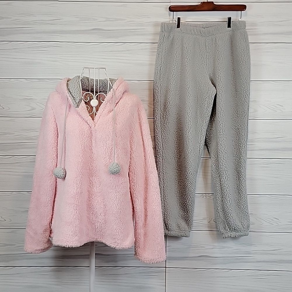 PJ Couture Pink and Gray Fleece Loungwear Pajamas Set Womens Size L